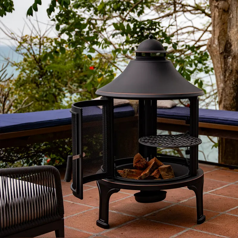 Elevated Round Outdoor Fireplace with Swing Out Grill